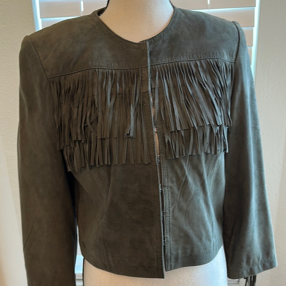 French Connection Suede Leather Women's Fringe Jacket - Olive Green